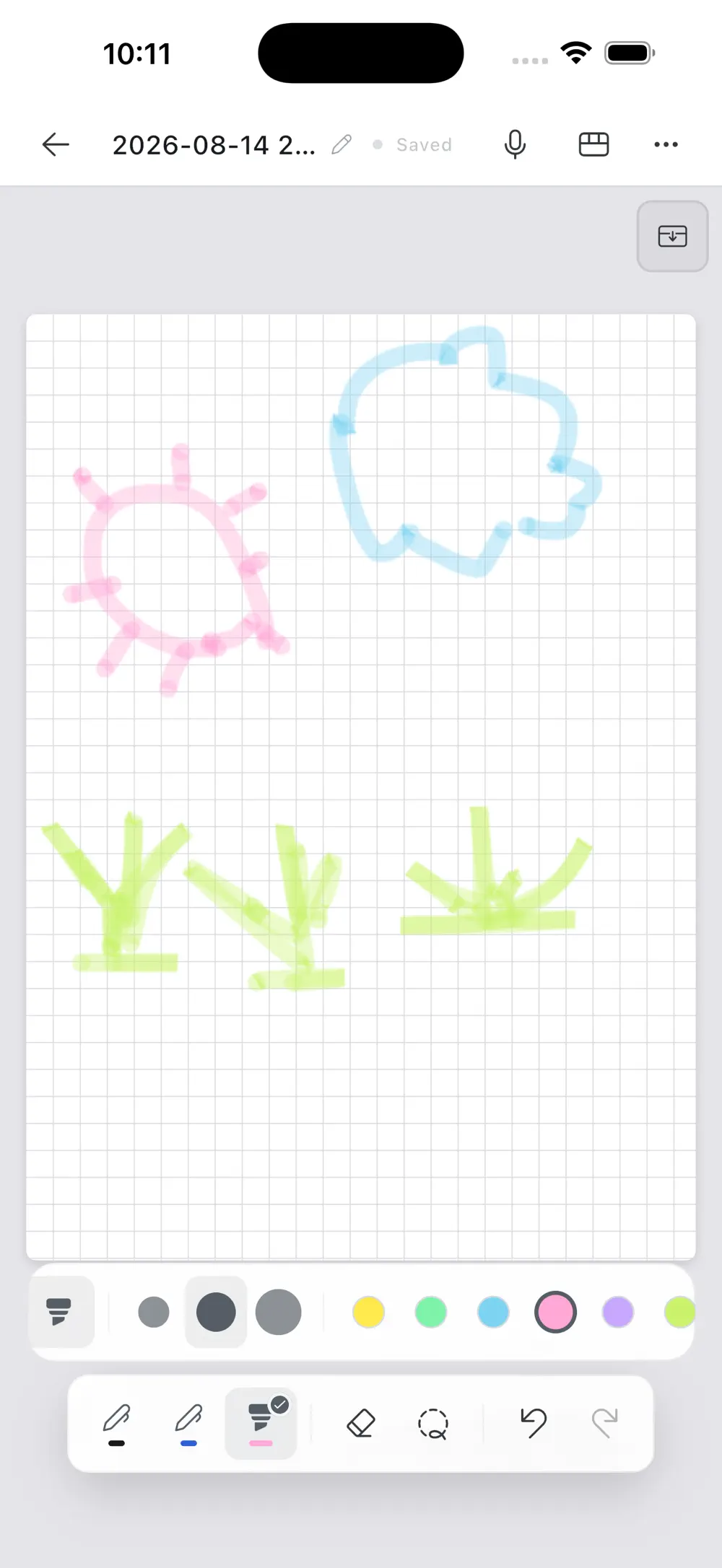 The writing canvas with quick pen, highlighter and color controls