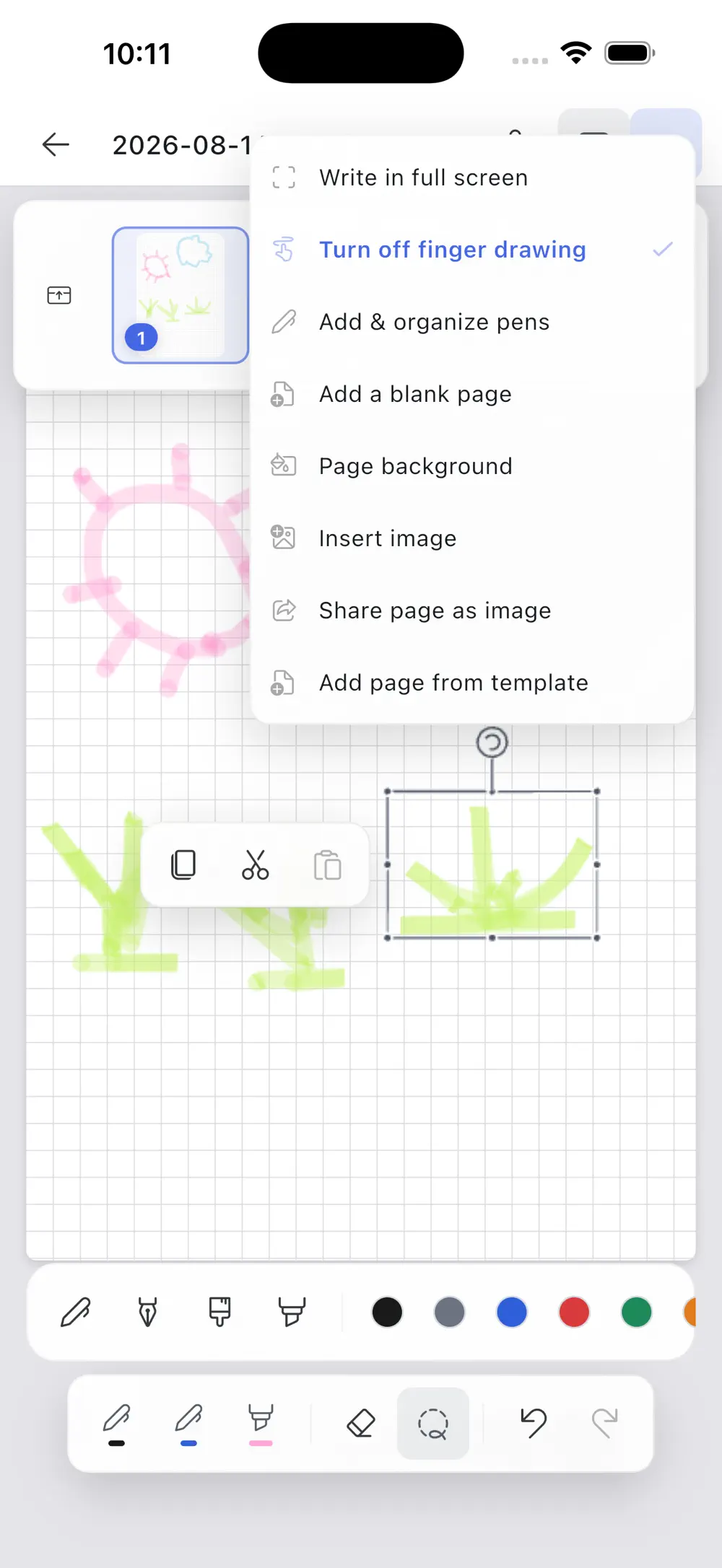 Editing tools for pages, selected handwriting and inserted images