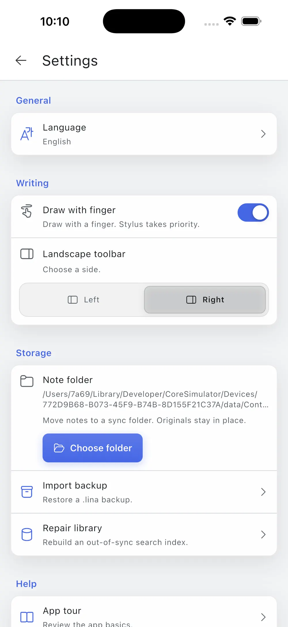 Storage settings for folder selection and .lina backup restore