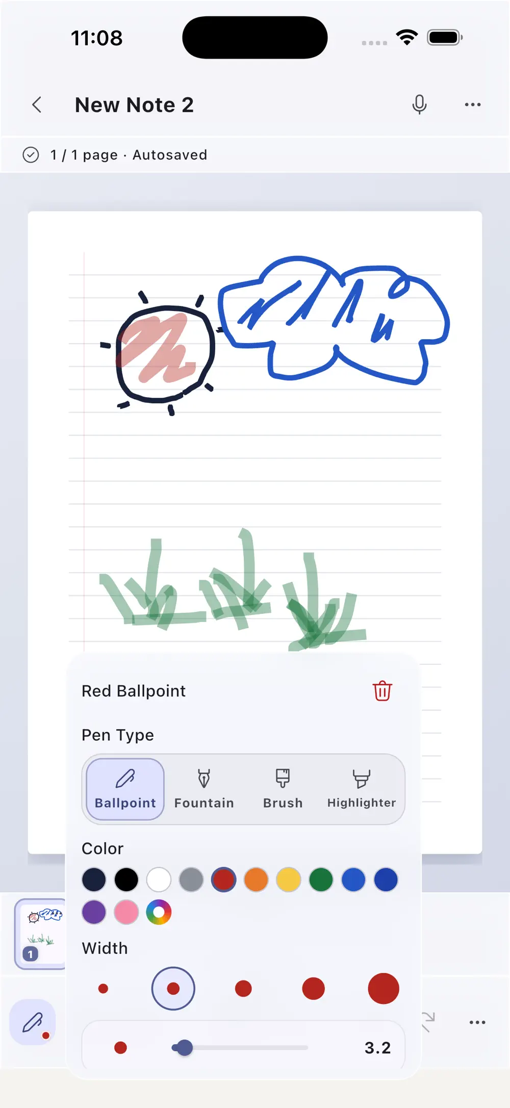 Writing controls for four pens, color and stroke width