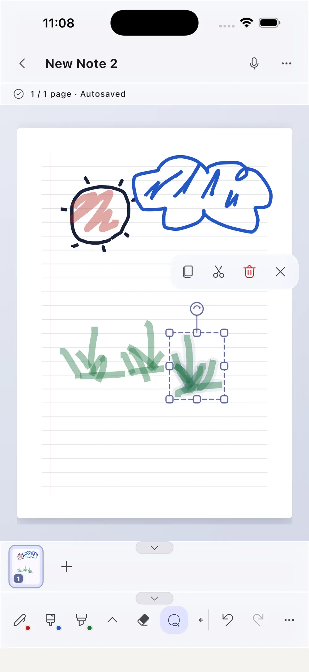 Lasso editing that moves, rotates and copies selected ink