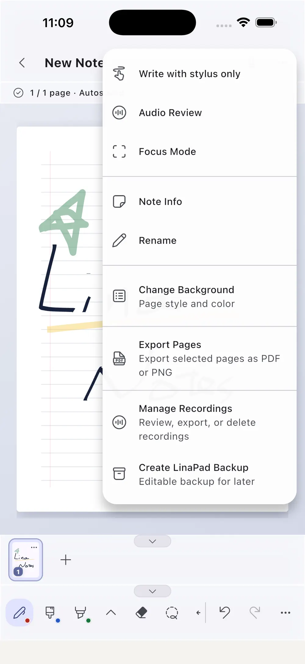 The notebook menu for PDF, PNG and M4A export plus LinaPad backup