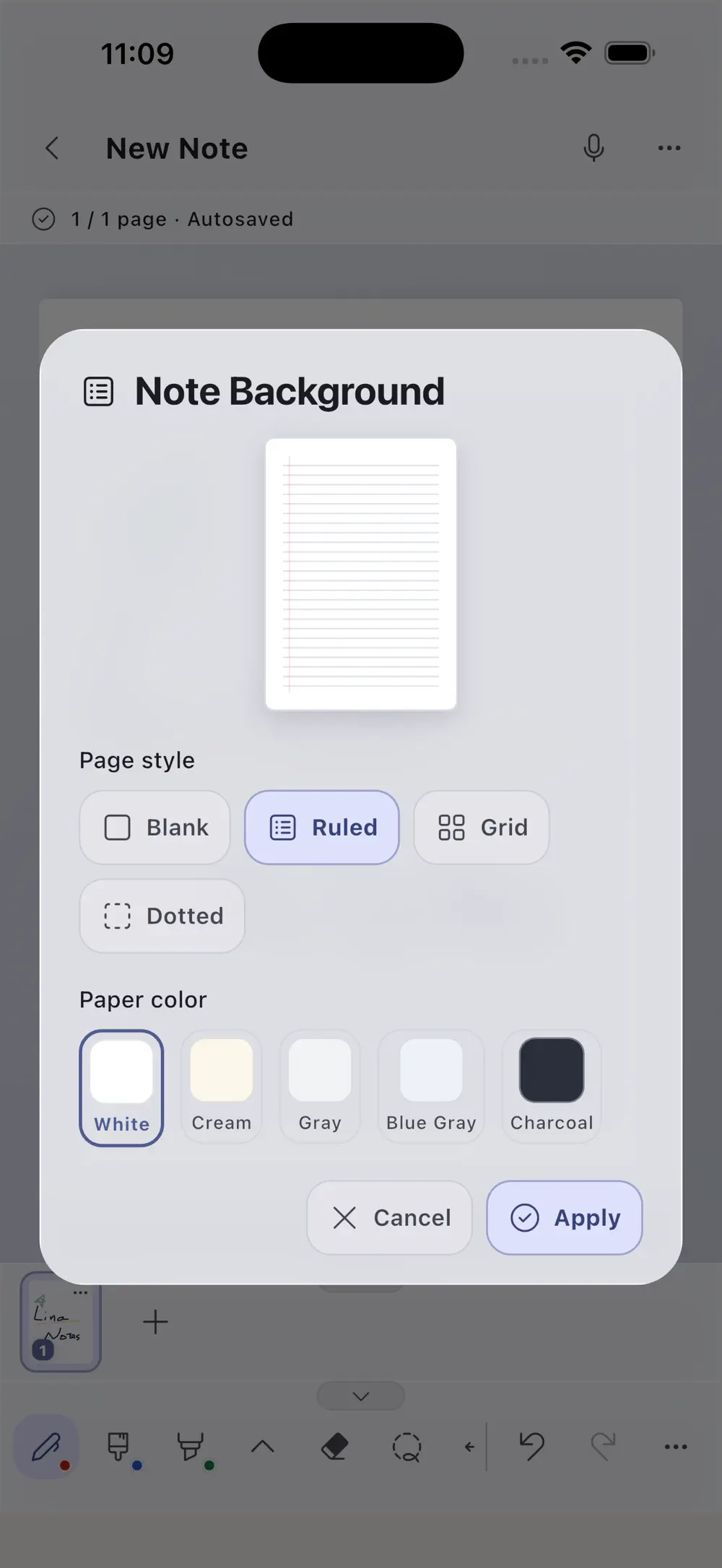 Notebook background controls for ruling and paper color