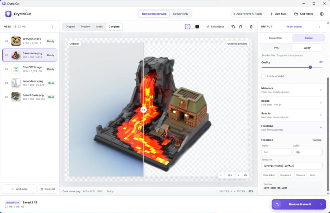 CrystalCut source and result comparison