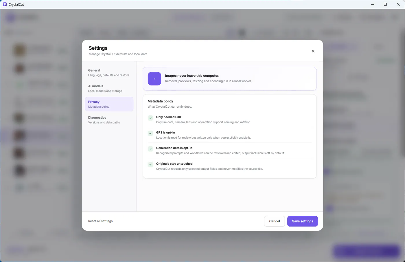 CrystalCut privacy and metadata settings
