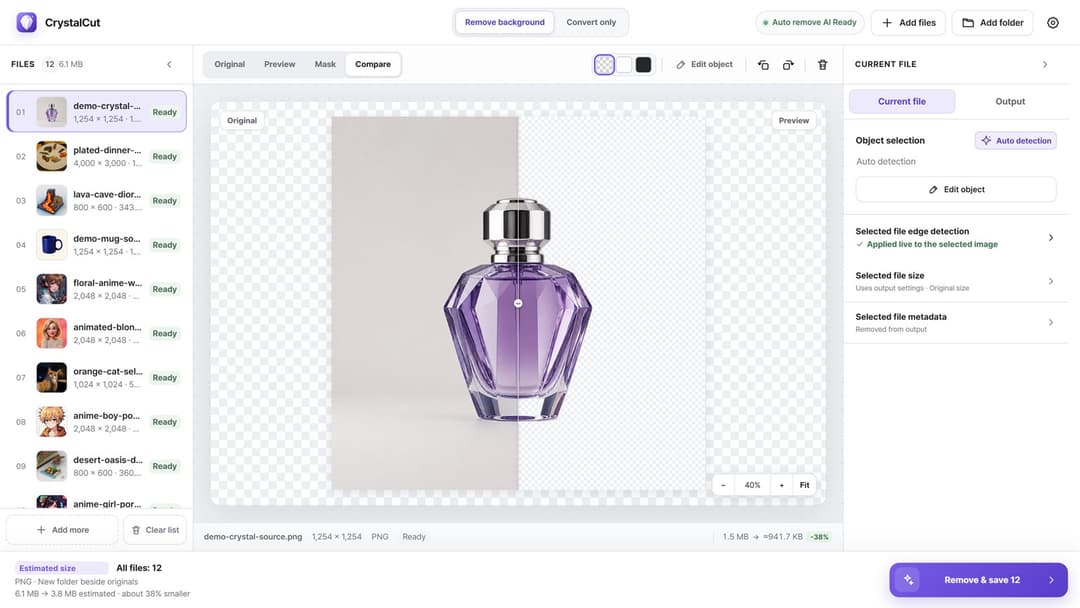 CrystalCut workspace with a 12-file queue, a perfume bottle in Compare view and current-file settings