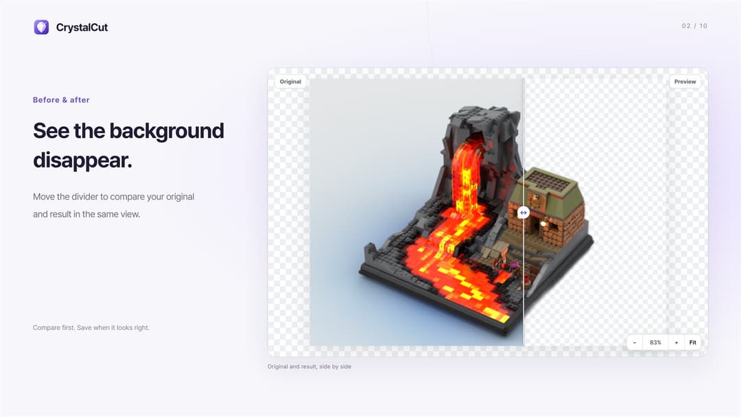 CrystalCut · Lava cave diorama at 83%, original and cut-out split by the divider