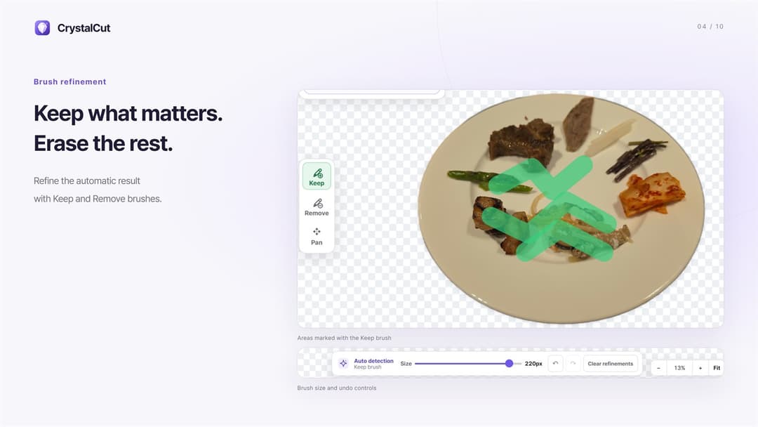 CrystalCut · Keep brush at 220 px over the plate, with undo and Clear refinements
