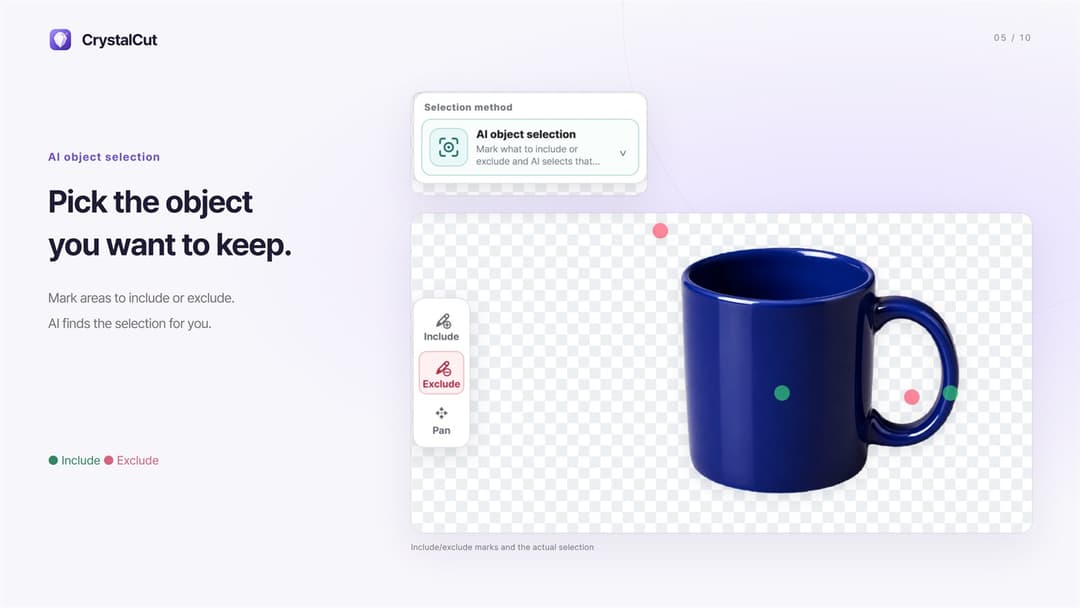 CrystalCut · Include marks on mug and handle; exclude marks in the handle gap and backdrop