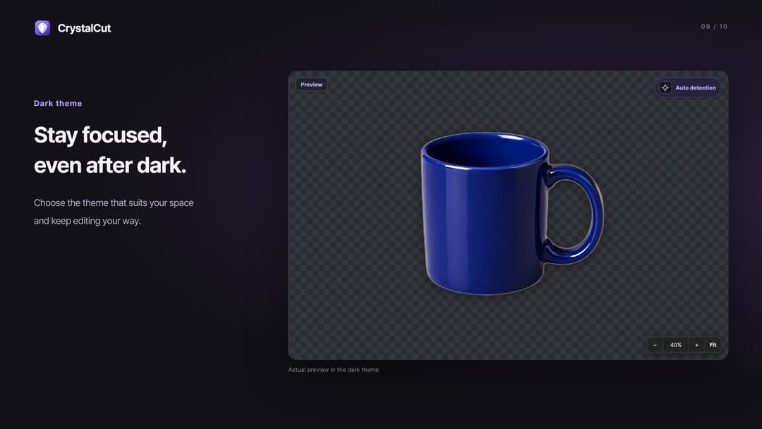 CrystalCut · Mug cut out with Auto detection, shown in the dark theme Preview at 40%