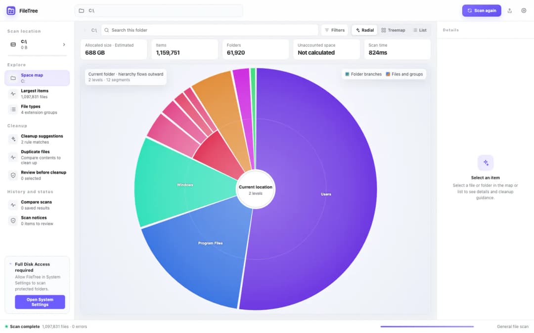 FileTree exploring disk space through a radial map