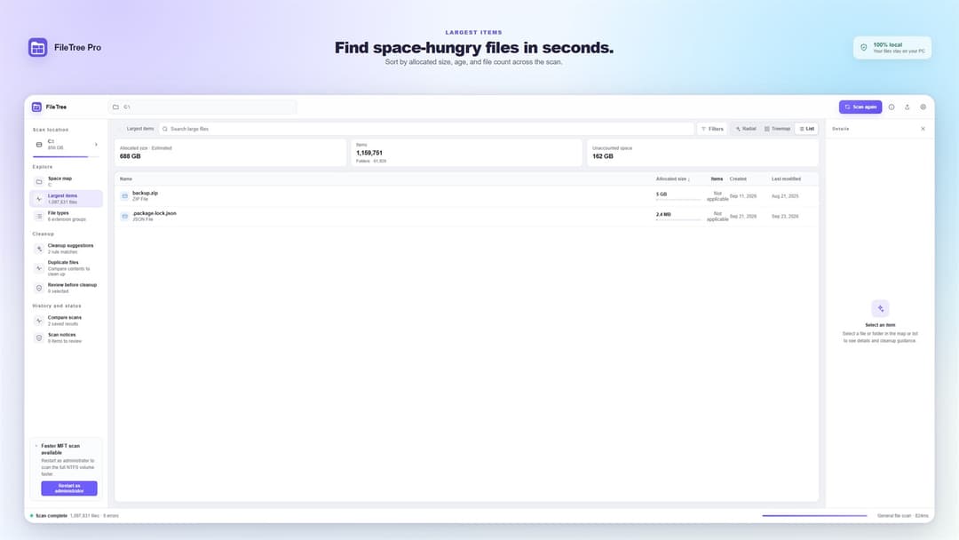 FileTree Pro · List view sorted by allocated size, led by backup.zip at 5 GB