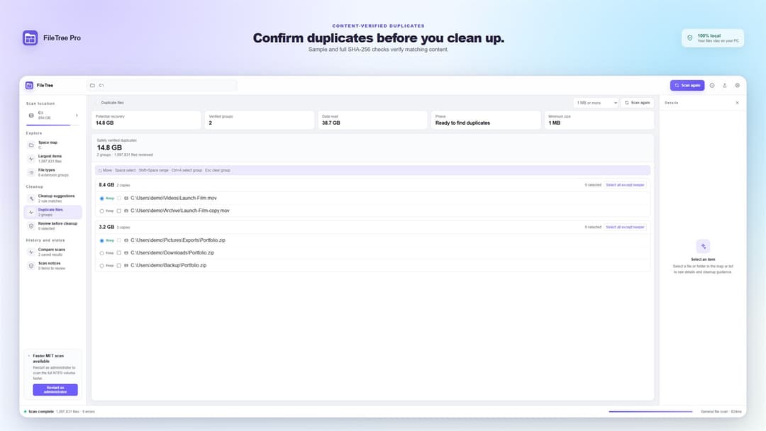 FileTree Pro · Choose the copy to keep in each group; 14.8 GB potentially recoverable