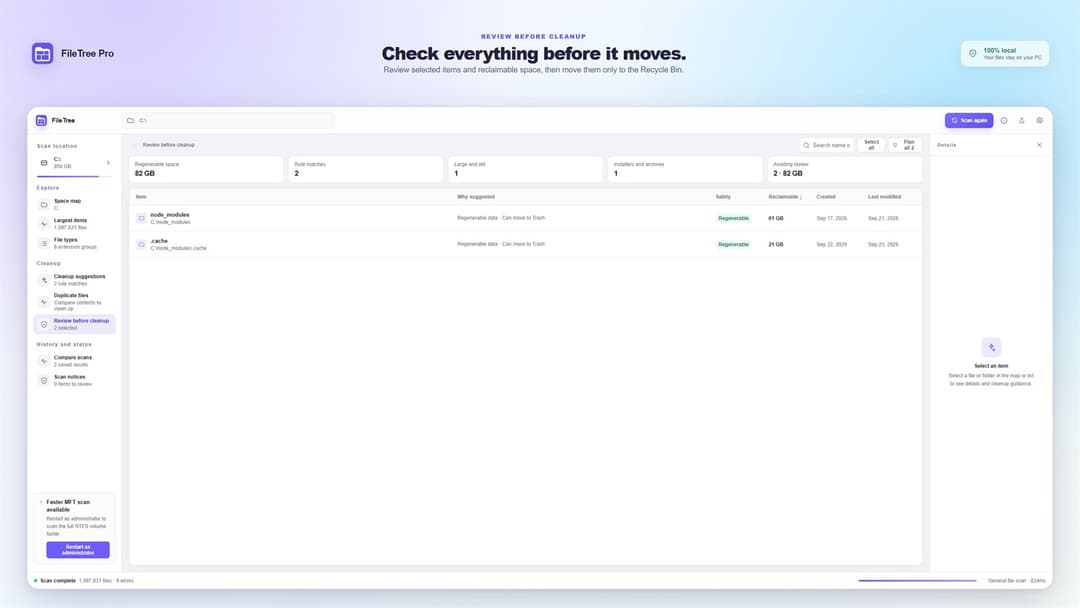 FileTree Pro · Two selected items, 82 GB in total, waiting in the review queue