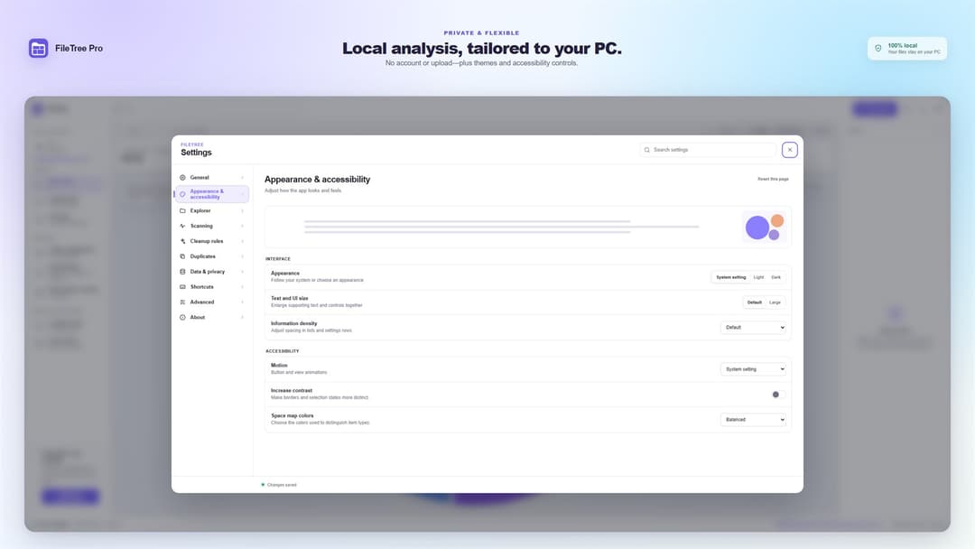 FileTree Pro · Appearance & accessibility: theme, text size, contrast, space map colors