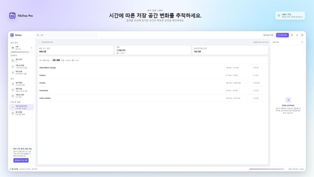 FileTree Pro · 총 사용량 −36 GB · Raw Footage는 56 GB 감소