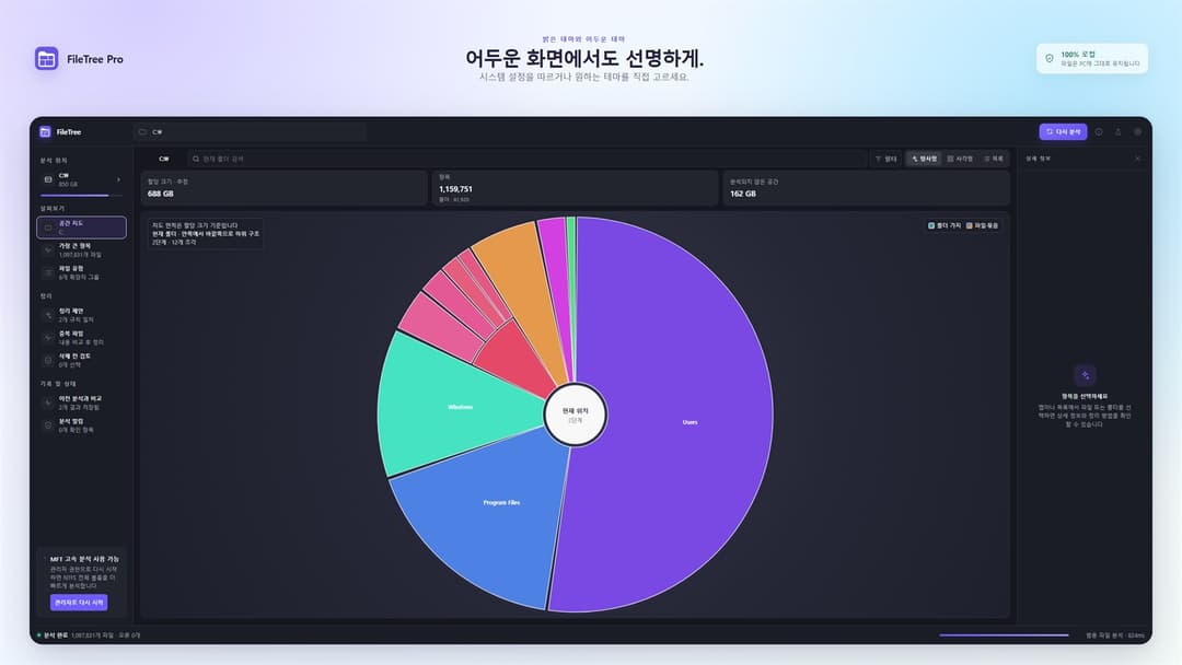FileTree Pro · 다크 테마의 방사형 지도 · MFT 고속 분석 안내
