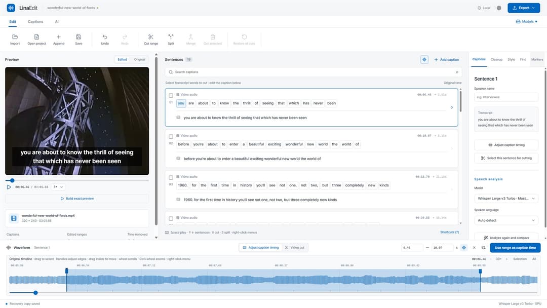 Lina Edit workspace with a video preview, word-by-word sentence list and waveform editor