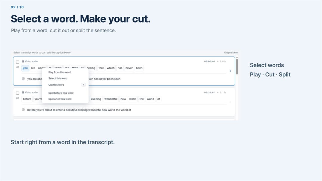 Lina Edit · Word menu: play from here, select, cut (X), split before or after
