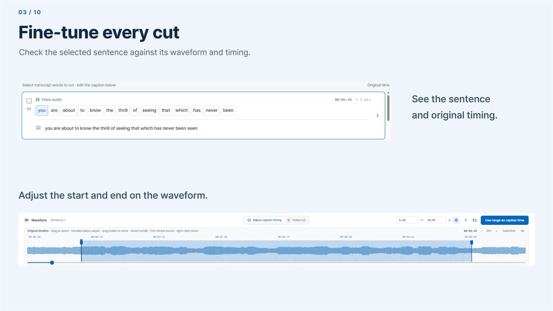 Lina Edit · Adjust caption timing mode, 6.46 to 10.07 s range, Use range as caption time
