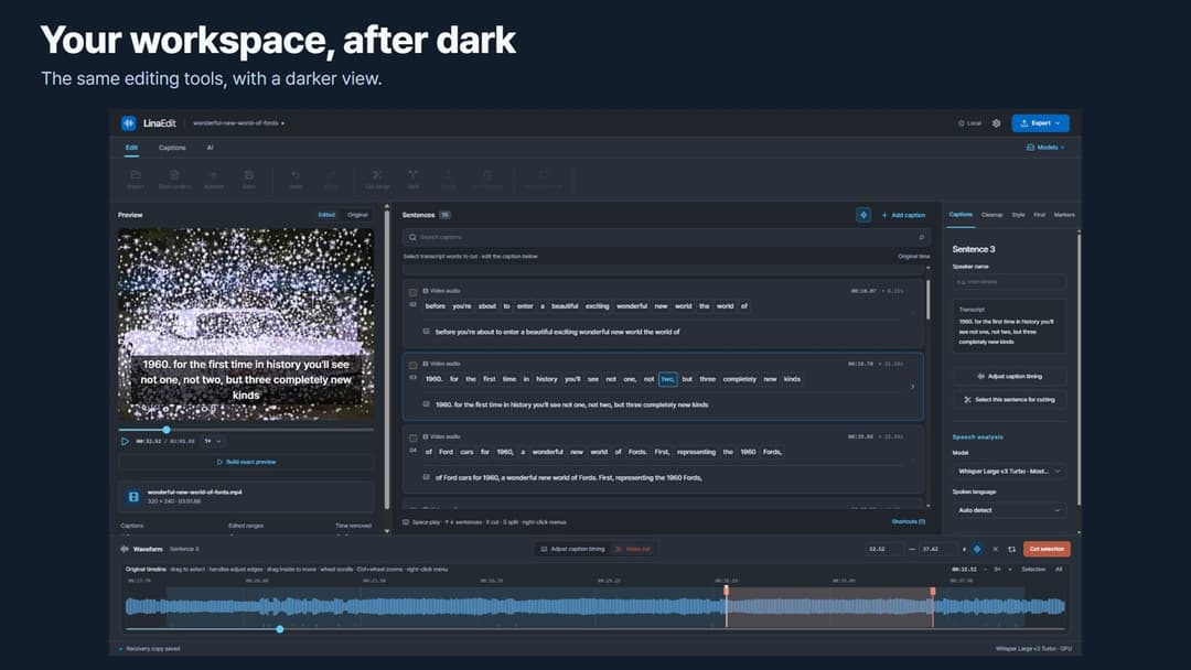 Lina Edit · Dark theme in Video cut mode, 32.52 to 37.62 s marked for Cut selection