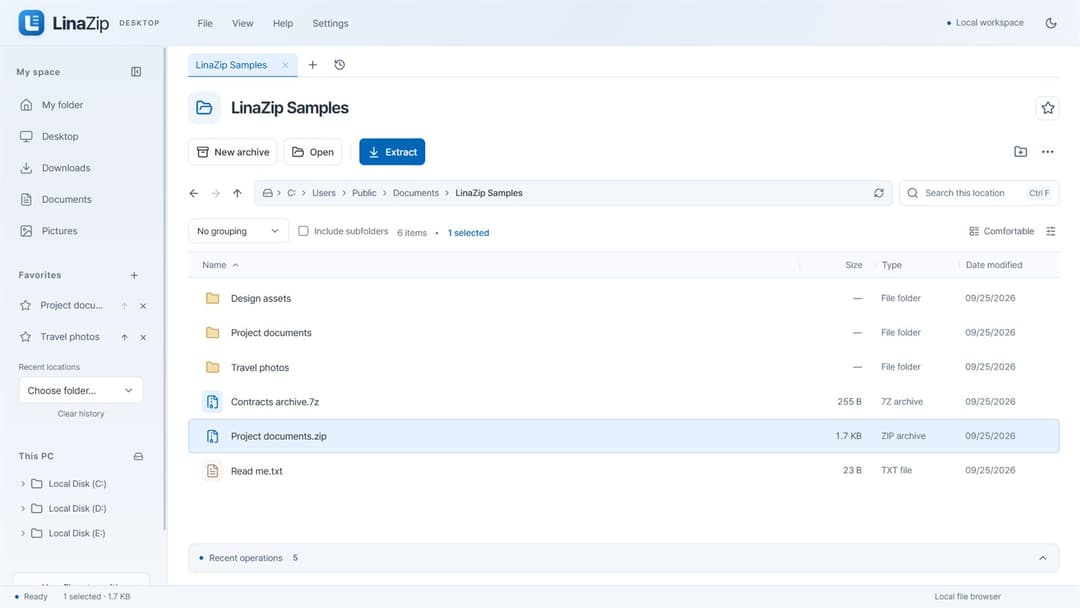 LinaZip workspace browsing folders alongside ZIP and 7z archives