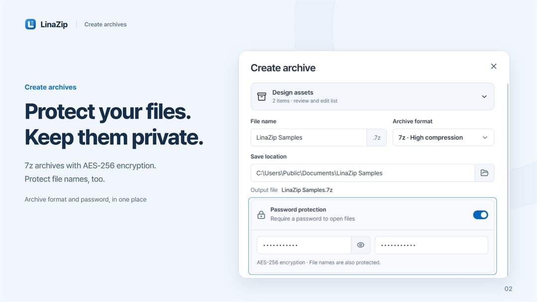 LinaZip · Design assets (2 items) as 7z with high compression and a password
