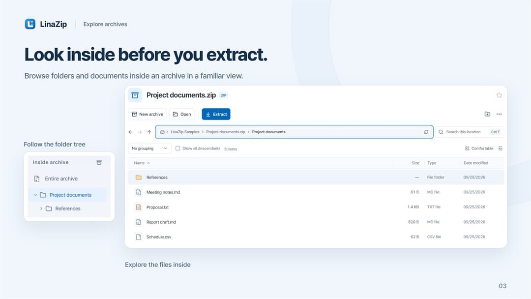 LinaZip · Folder tree and five entries inside Project documents.zip