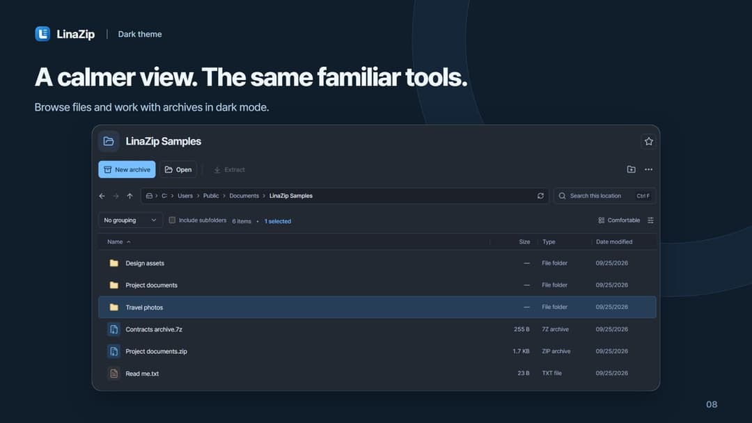 LinaZip · LinaZip Samples folder with ZIP and 7z archives in the dark theme