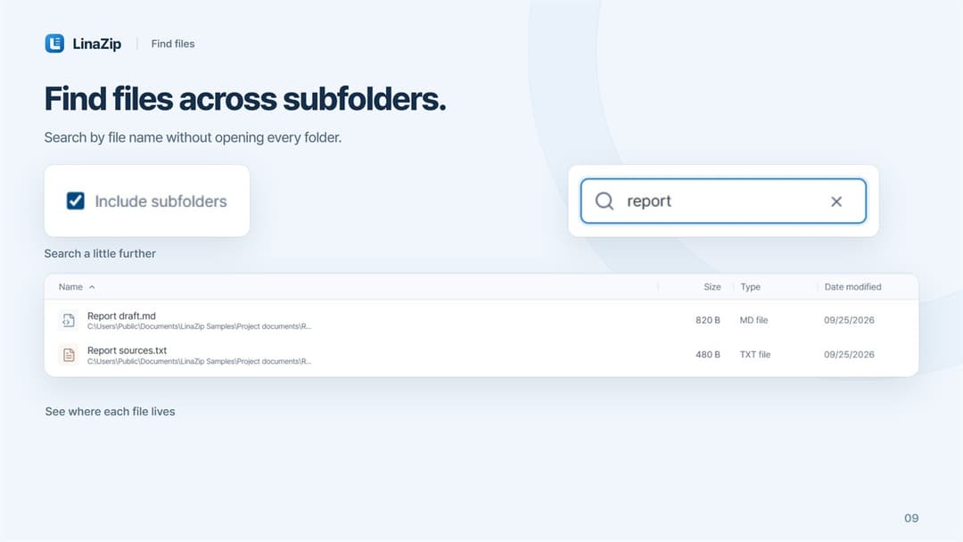LinaZip · Search for “report” with subfolders included: two results