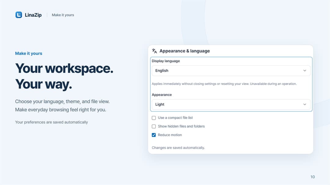 LinaZip · Display language, appearance, compact list and reduced motion options