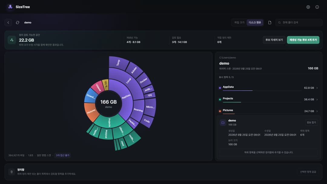 demo 폴더 166 GB를 선버스트 차트와 하위 폴더 목록으로 보여 주는 SizeTree 분석 화면