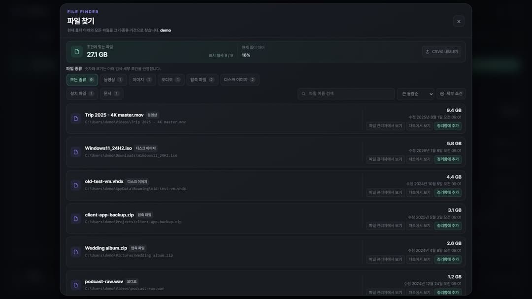 SizeTree · 9개 파일 27.1 GB, 폴더 대비 16%, CSV로 내보내기