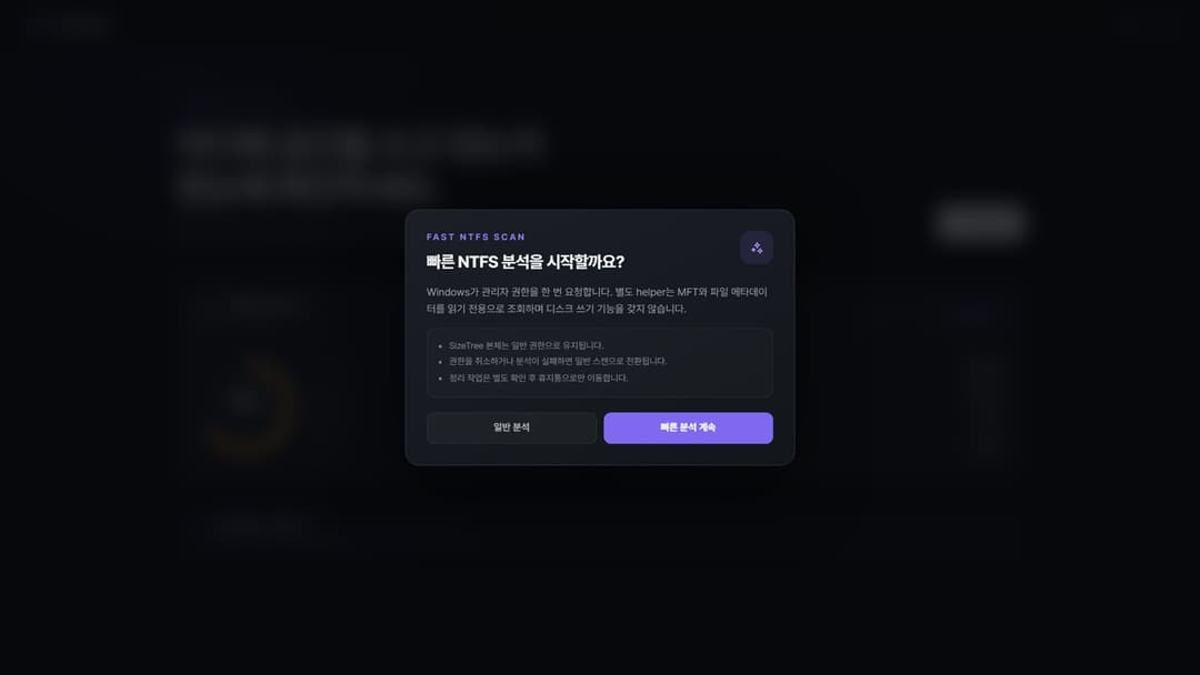 SizeTree · 읽기 전용 helper가 MFT 조회, 본체는 일반 권한 유지