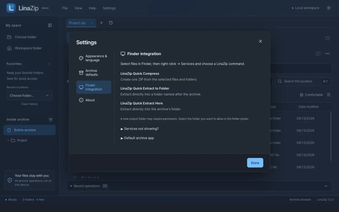 LinaZip Finder Services setup for quick compression and extraction
