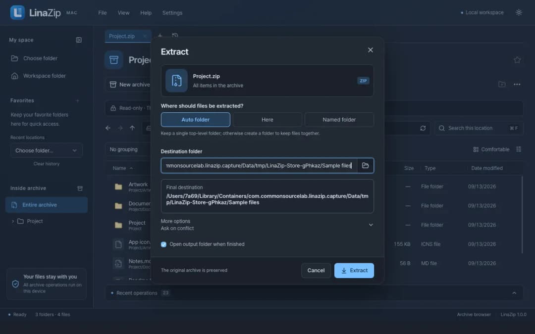 LinaZip extracting a multipart archive set