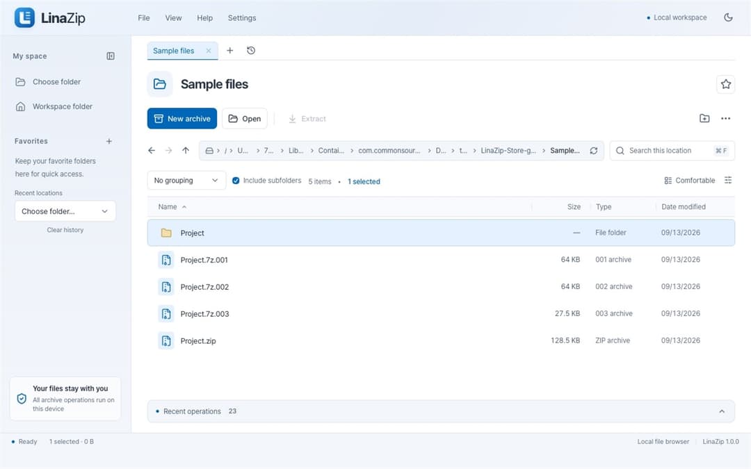 LinaZip workspace browsing folders and multipart archives