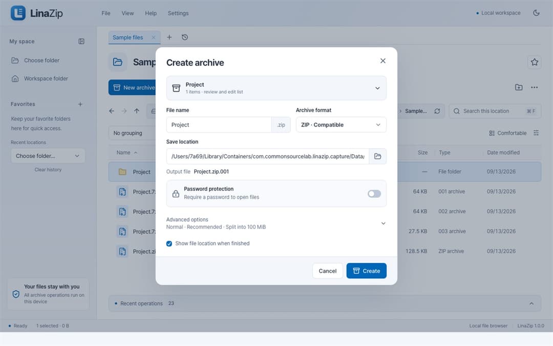 LinaZip archive creation view with split size and compression options