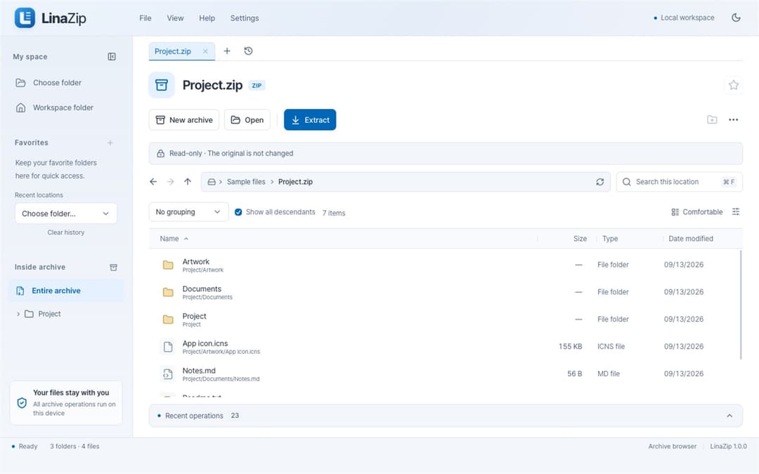 LinaZip browsing folders and files inside an archive