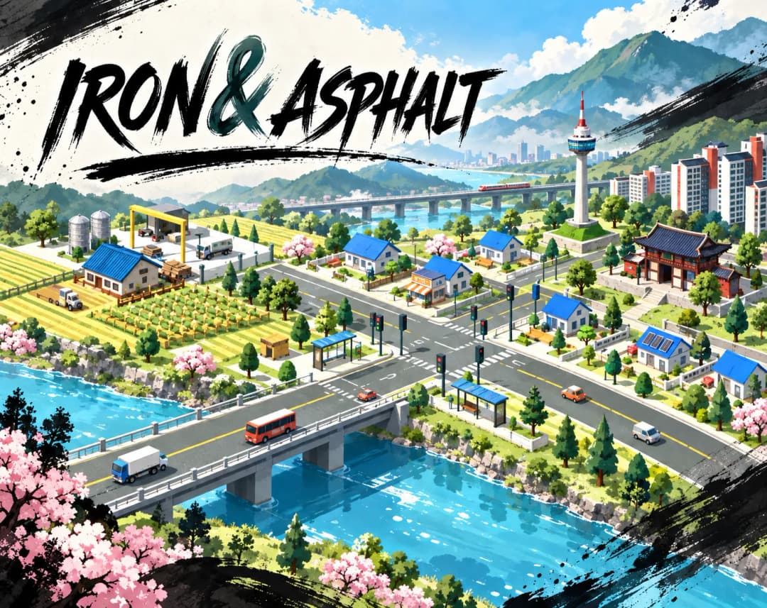 강을 건너는 다리 위의 버스와 트럭, 서울타워와 한옥, 농장과 물류 창고가 펼쳐진 Iron & Asphalt 키아트